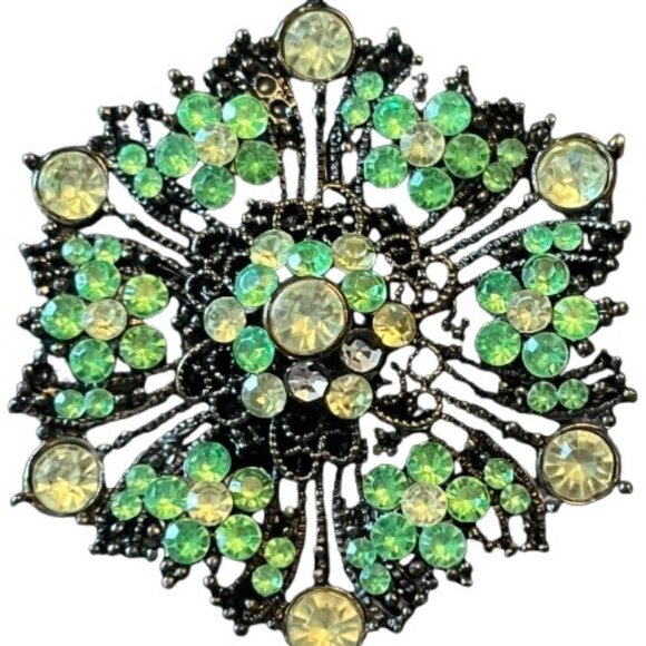 Vintage Silver Tone Green & Yellow Rhinestone Filigree Floral Pin Brooch - LNC - Picture 2 of 3